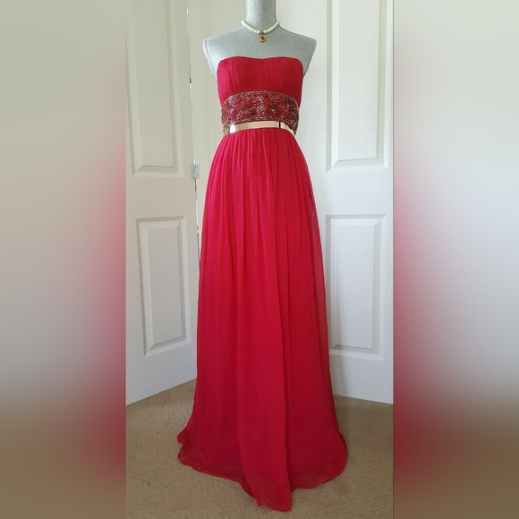 SALE🔖$395 NEW AIDAN MATTOX RUBIN RED SILK GOLD BEAD CHIFFON GOWN RUNWAY 6 M - Picture 1 of 8
